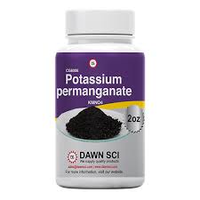 High-purity Potassium Permanganate crystals in plastic jar packaging